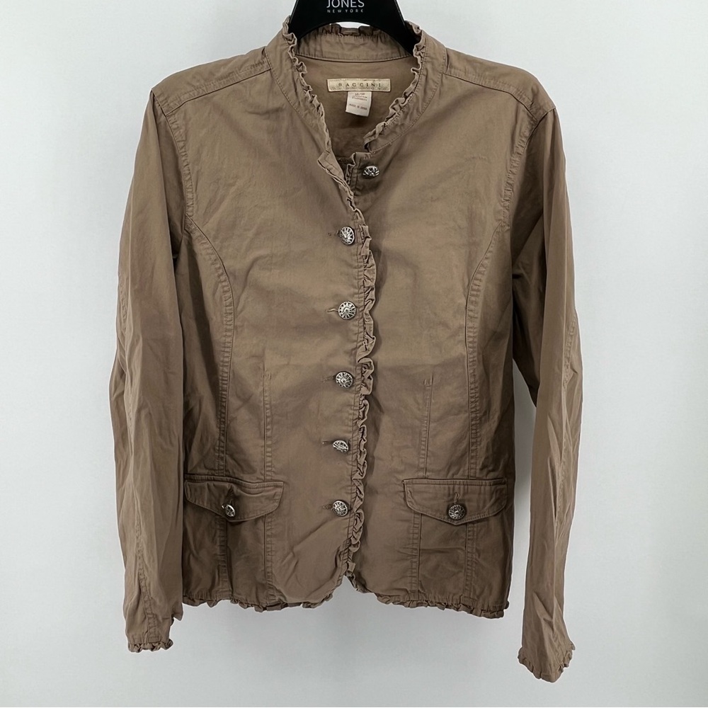 Baccini Womans 14/16 tan ruffled jacket cotton  ruffle collar/cuffs